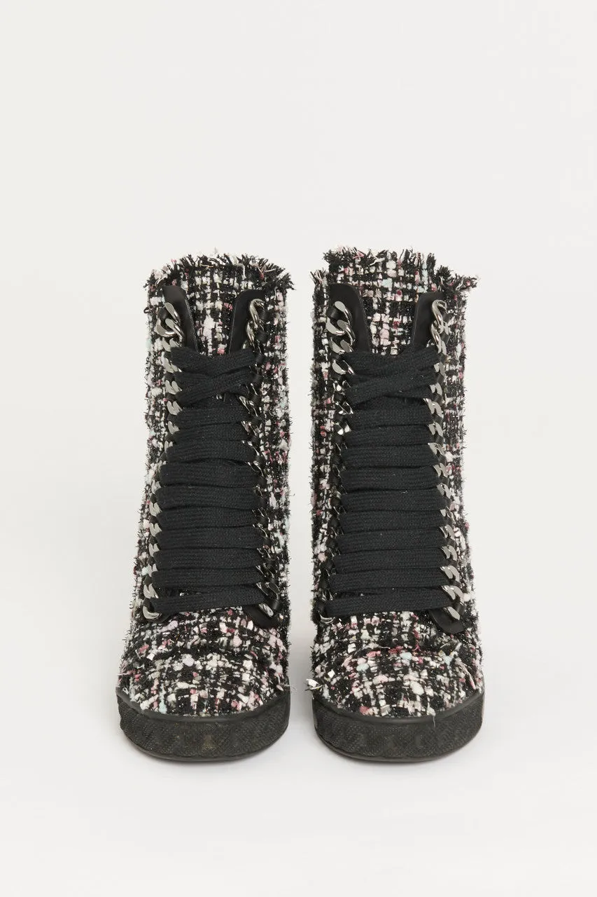 Black, Pink and Blue Tweed Preowned Wedge Sneakers