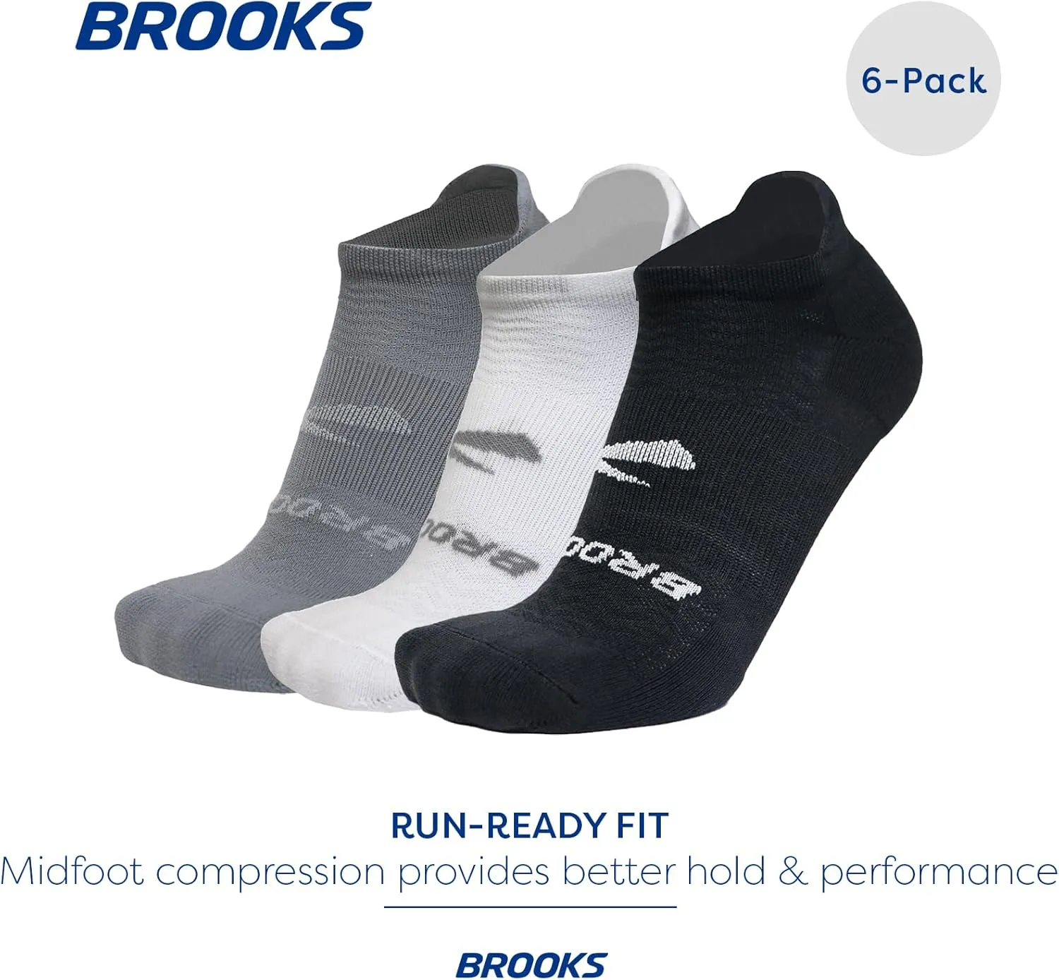 Brooks Run-In No Show Socks I Men & Women Performance Athletic Running Socks I Comfort Fit (6-Pack Set)