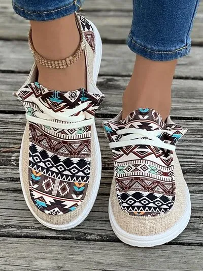 Geometric Lace-Up Round Toe Slip-Ons