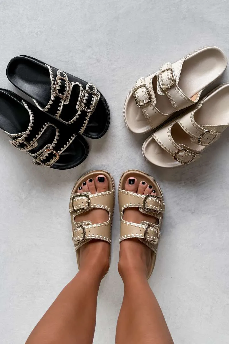 GIO Chunky Embroidered Buckle Sandals - Beige