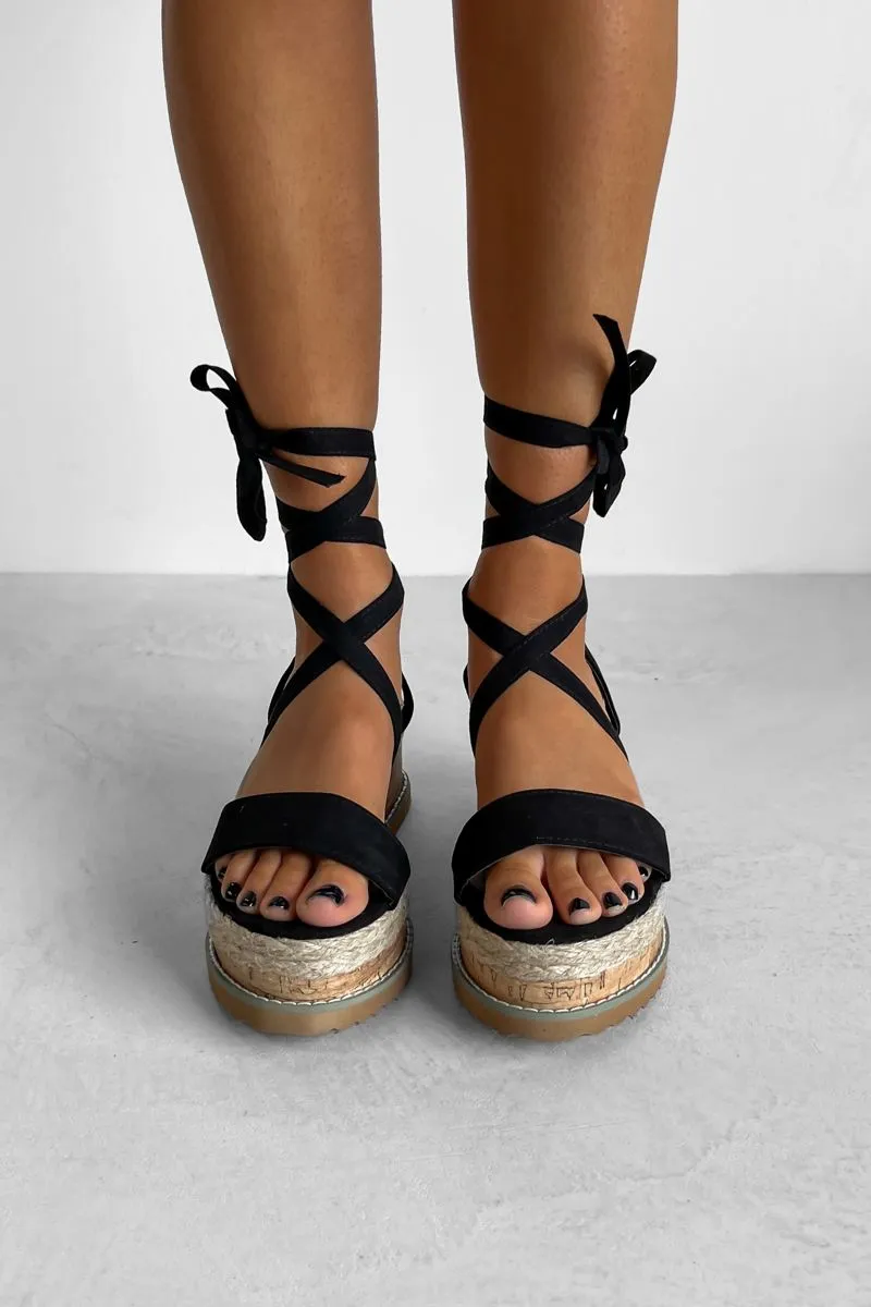 KICKING BACK Tie Up Espadrille Sandals - Black