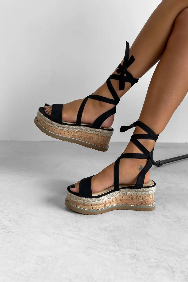 KICKING BACK Tie Up Espadrille Sandals - Black