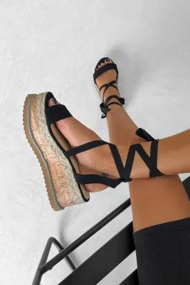 KICKING BACK Tie Up Espadrille Sandals - Black