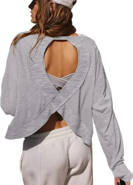 LASLULU Womens Open Back Long Sleeve Workout Tops Athletic Shirts Boat Neck Casual Running Tee Y2k Yoga Gym Tops