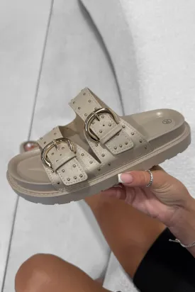 MIA Chunky Studded Buckle Sandals - Taupe
