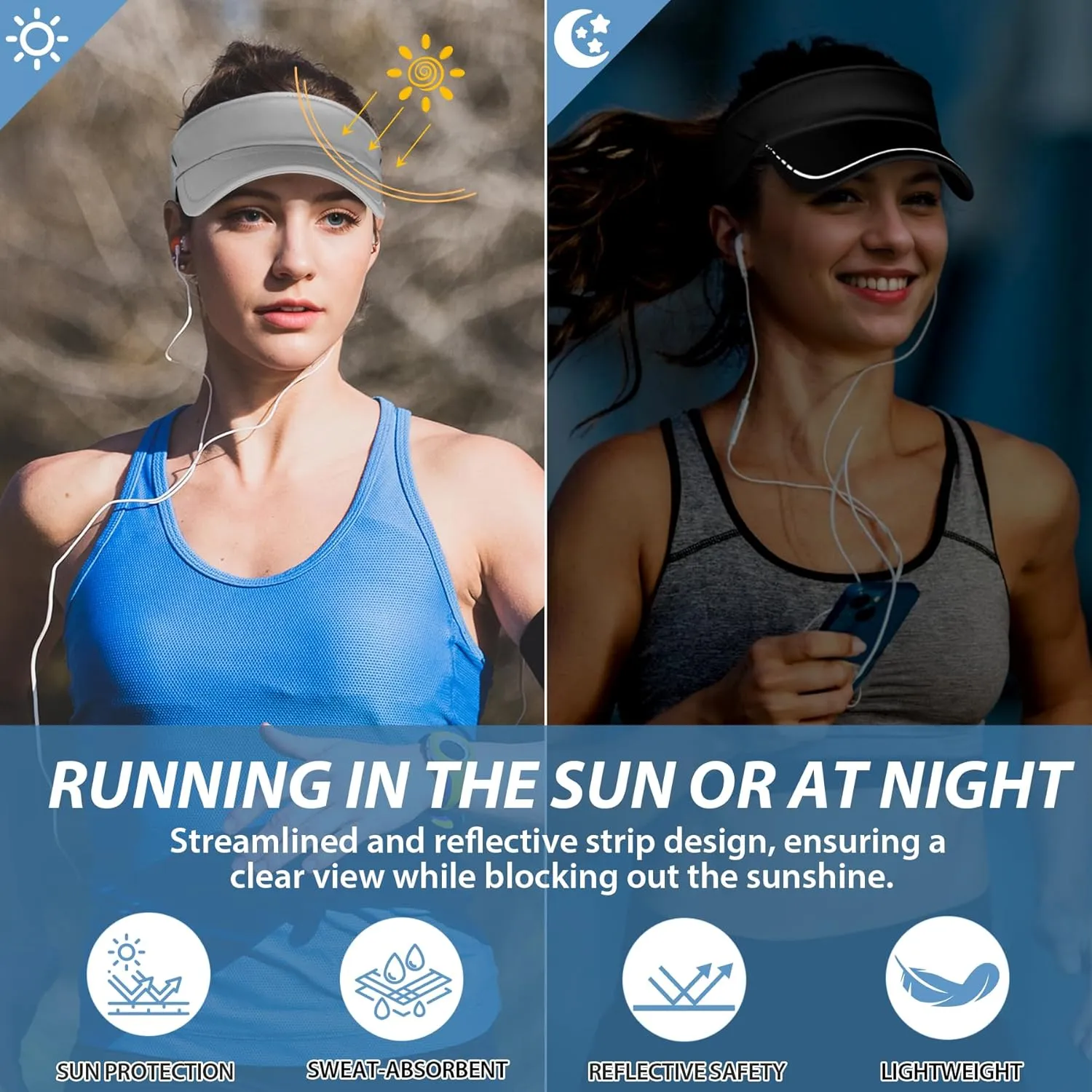 Sukeen Sports Sun Visor Men Women, Reflective Running Visor, Lightweight Adjustable Visor Hat for Golf Tennis, Sunglass Slots