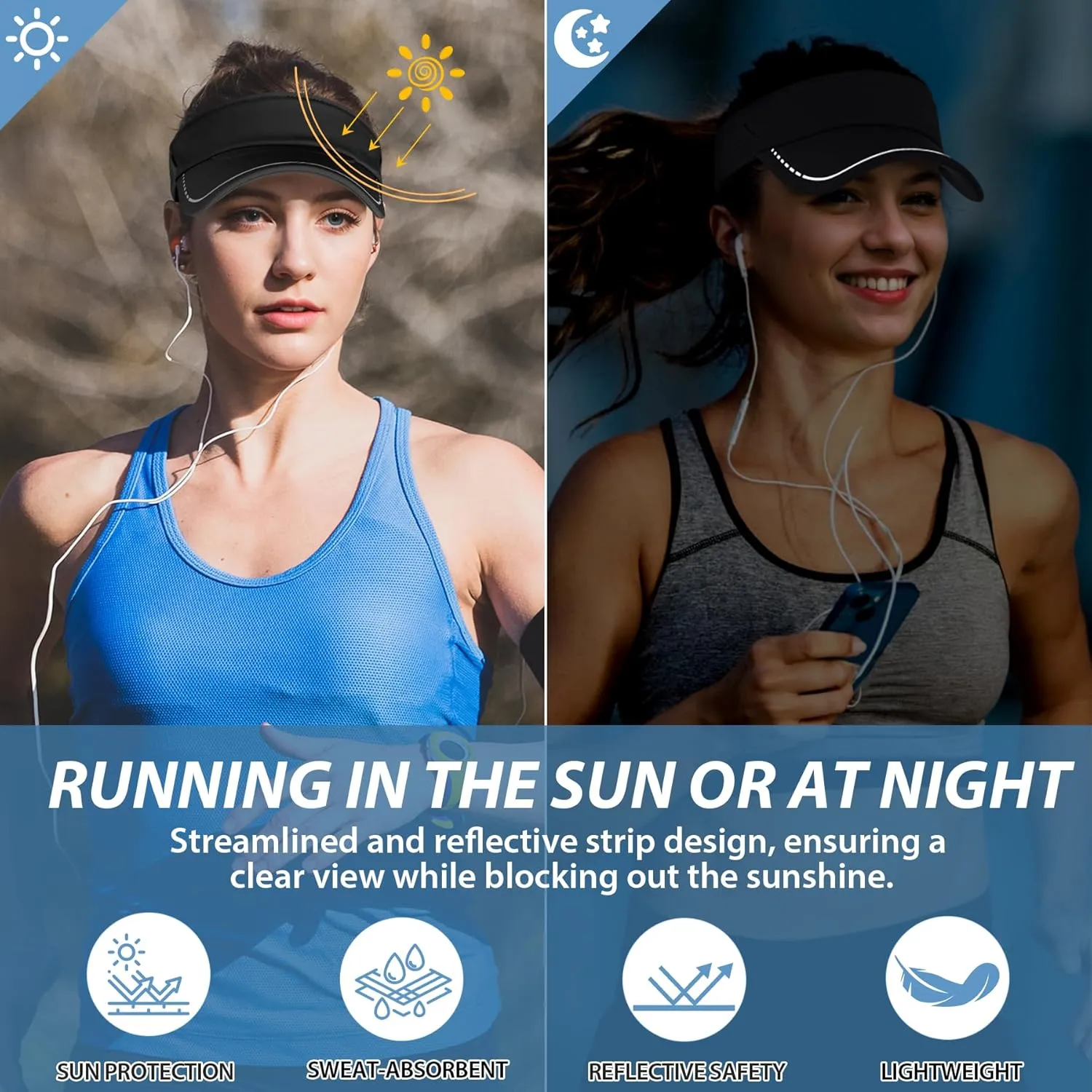 Sukeen Sports Sun Visor Men Women, Reflective Running Visor, Lightweight Adjustable Visor Hat for Golf Tennis, Sunglass Slots