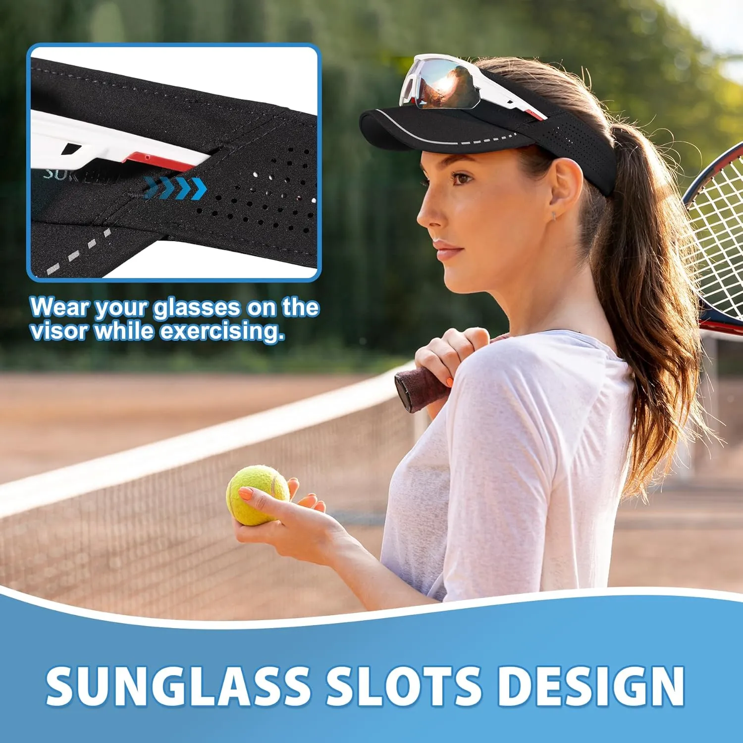 Sukeen Sports Sun Visor Men Women, Reflective Running Visor, Lightweight Adjustable Visor Hat for Golf Tennis, Sunglass Slots