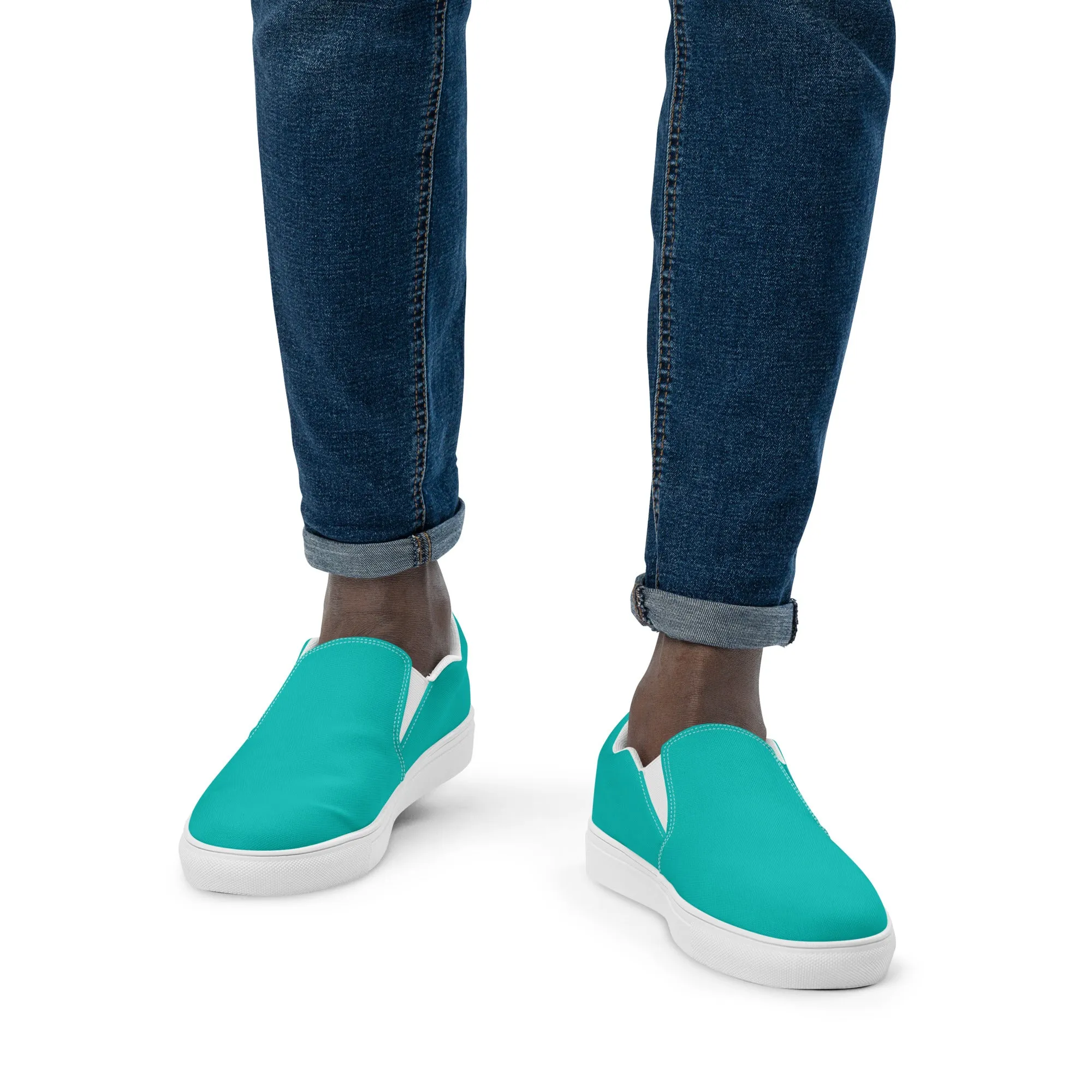 Turquoise Blue Men's Slip Ons, Solid Bright Blue Color Best Casual Breathable Men’s Slip-on Canvas Shoes (US Size: 5-13)