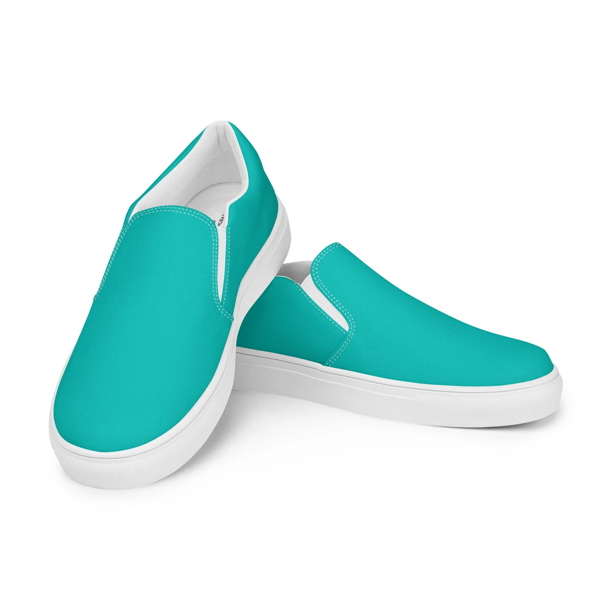 Turquoise Blue Men's Slip Ons, Solid Bright Blue Color Best Casual Breathable Men’s Slip-on Canvas Shoes (US Size: 5-13)