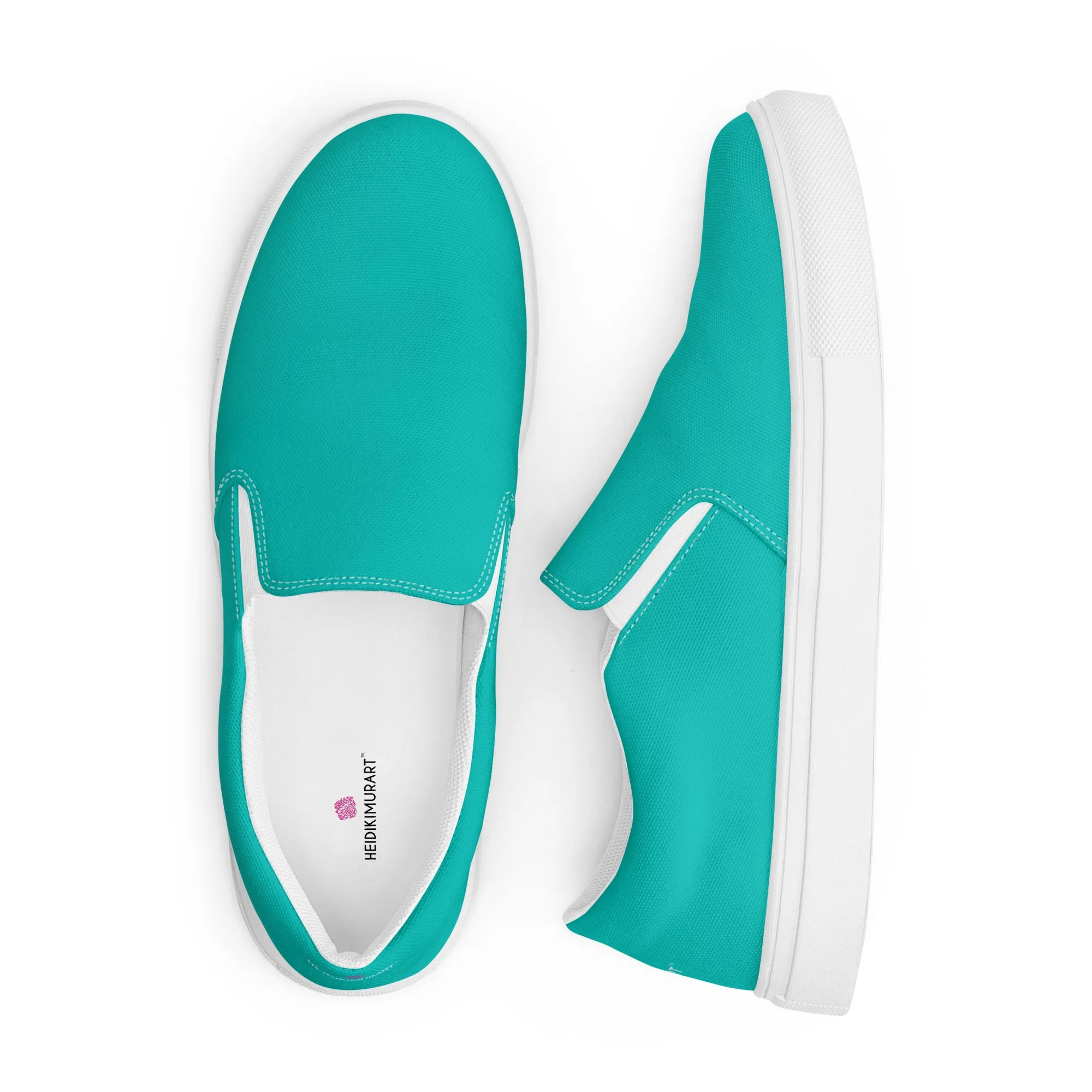 Turquoise Blue Men's Slip Ons, Solid Bright Blue Color Best Casual Breathable Men’s Slip-on Canvas Shoes (US Size: 5-13)