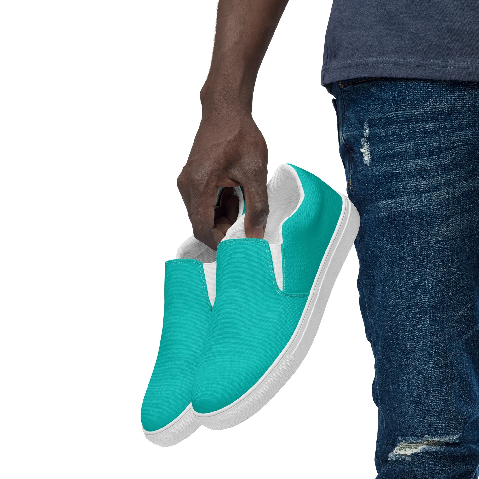 Turquoise Blue Men's Slip Ons, Solid Bright Blue Color Best Casual Breathable Men’s Slip-on Canvas Shoes (US Size: 5-13)
