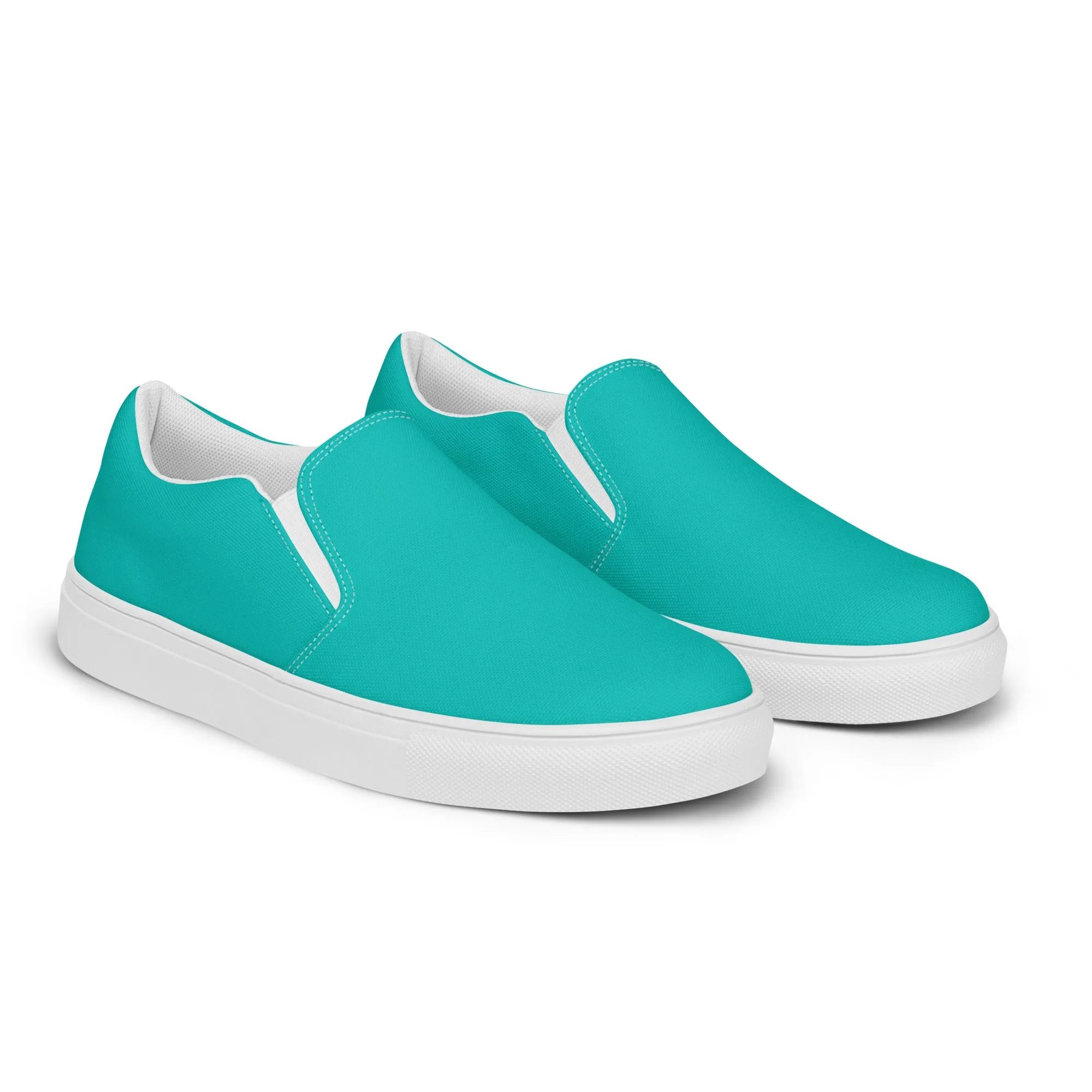 Turquoise Blue Men's Slip Ons, Solid Bright Blue Color Best Casual Breathable Men’s Slip-on Canvas Shoes (US Size: 5-13)