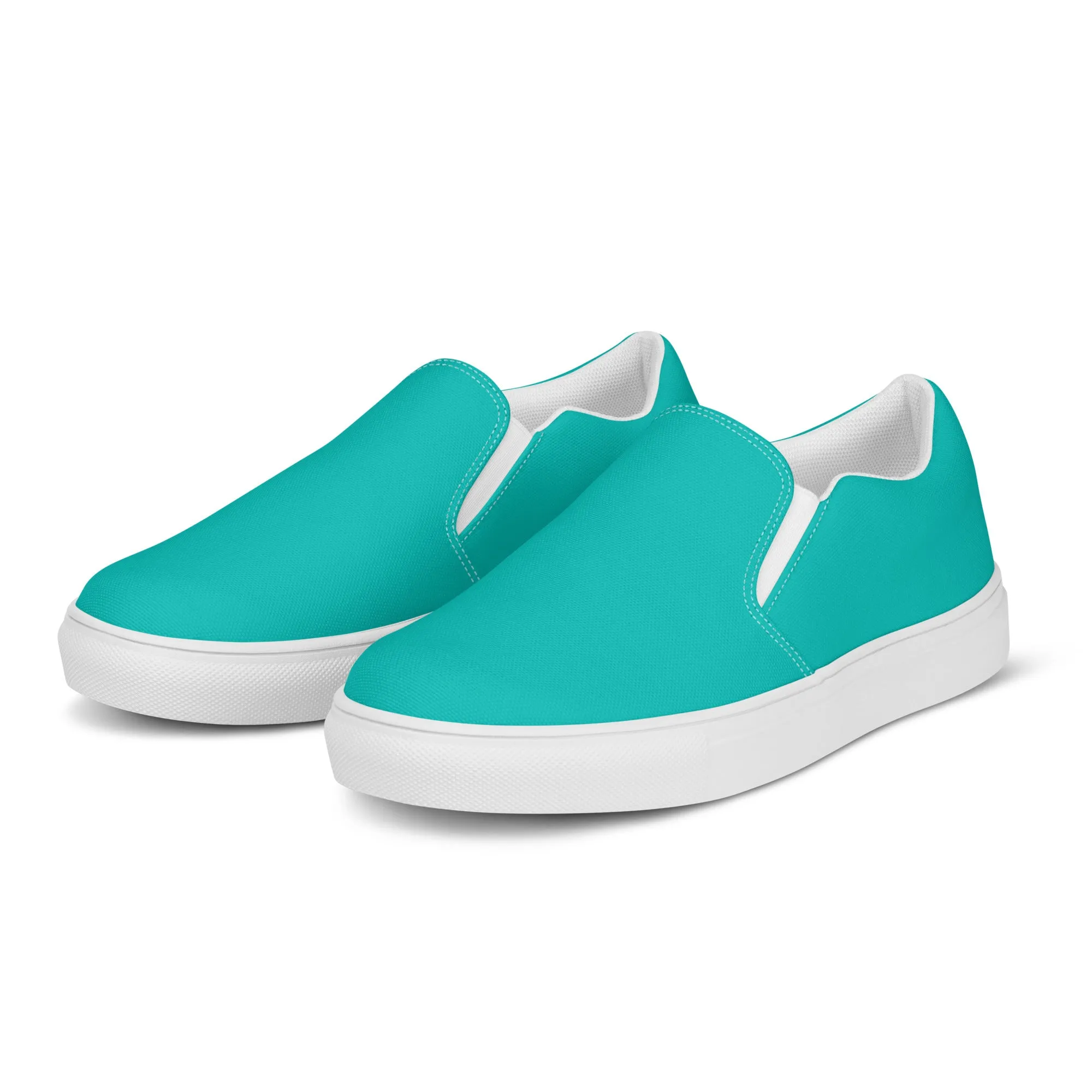 Turquoise Blue Men's Slip Ons, Solid Bright Blue Color Best Casual Breathable Men’s Slip-on Canvas Shoes (US Size: 5-13)
