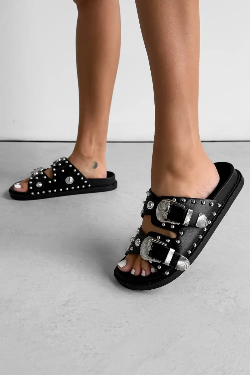 WILLOW Chunky Studded Western Buckle Sandals - Black